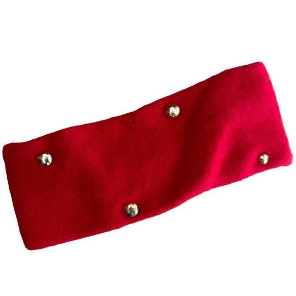 Vintage Wool Ear Warmer Headband Womens Bow Red Knit Gold Bead Detail - Picture 3 of 3